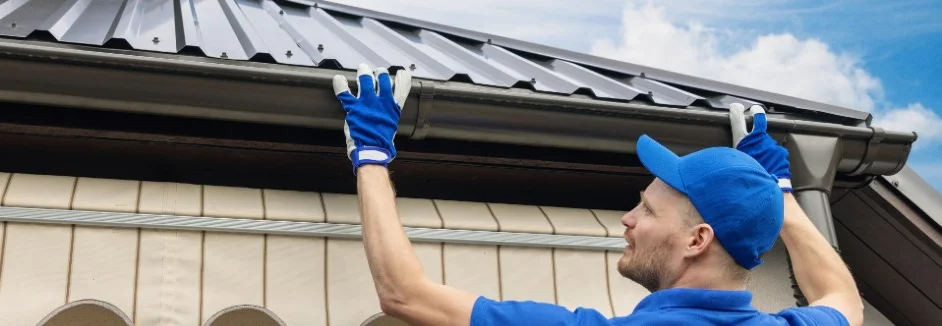 Person bringt Dachrinne an